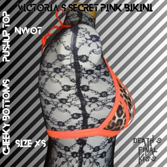 RARE Victoria's Secret PINK Hunter Orange Leopard Cheeky Tiny Pushup Bikini XS - Picture 8 of 15